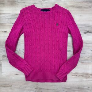 Polo Ralph Lauren Hot Pink Cable Knit Sweater with green polo logo Sz Medium